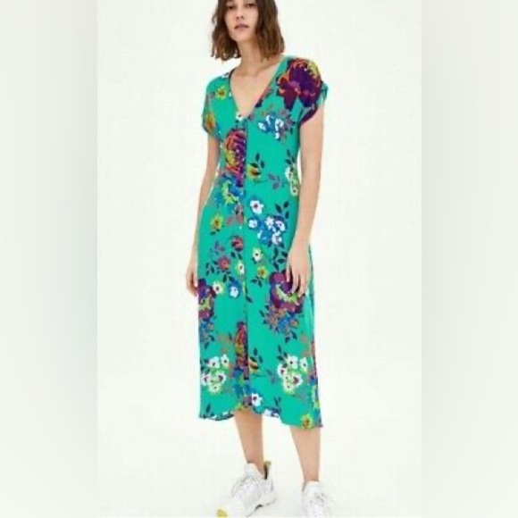 Zara Womens Blue Floral Combo V-neck Cap Sleeve Button Up Maxi Dress (19) - Picture 1 of 7